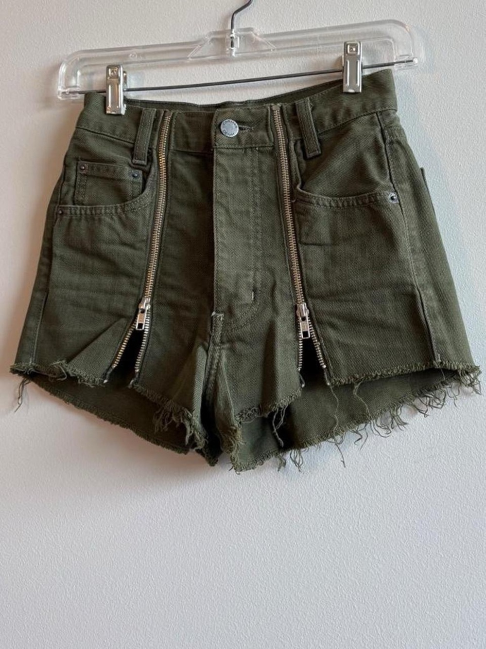 Carmar Olive Green High-Waist Distressed Zip-Front Shorts